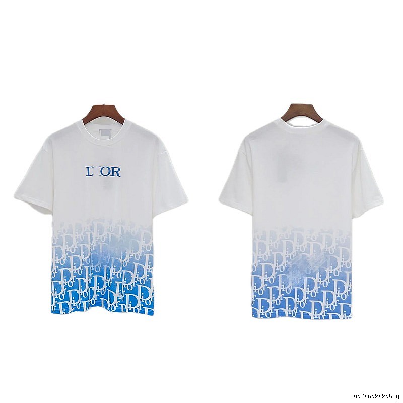 Dior Oblique Gradient Trendy Style Blue and White Short-sleeved T-shirt