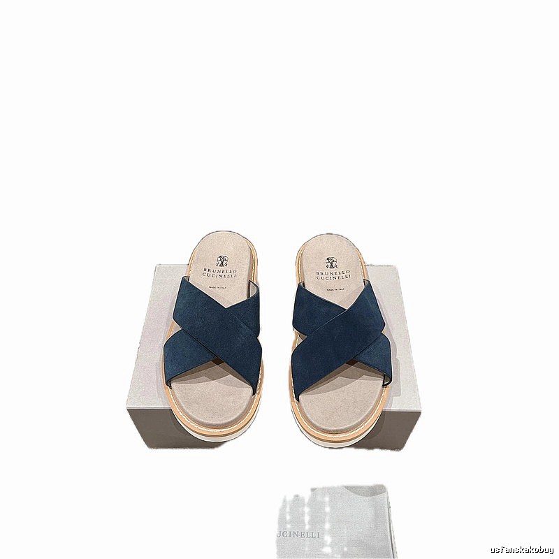 Brunello Cucinelli Minimalist Casual Navy Blue Slide Sandals