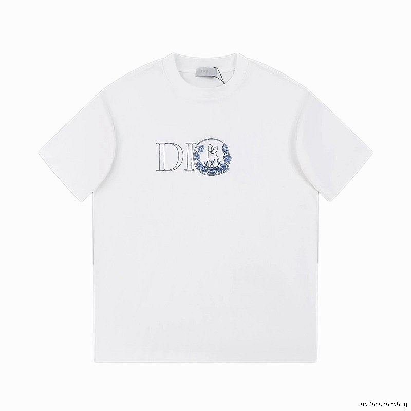 Dior Cat-Embroidered Light Luxury Style White Short-sleeve T-shirt