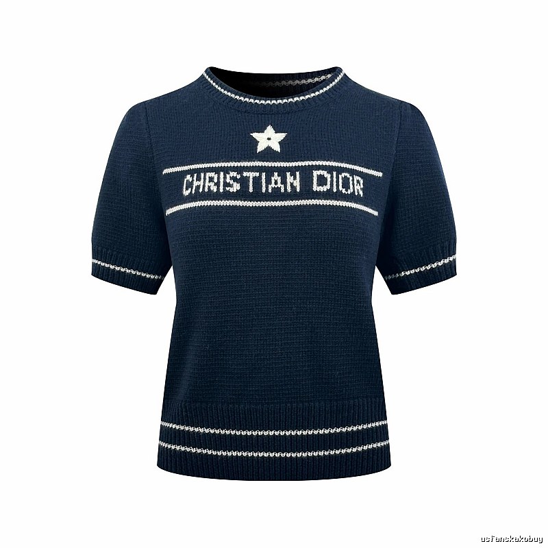 Dior Short Sleeve Knit Sweater with Cream Trim and Star Detail
