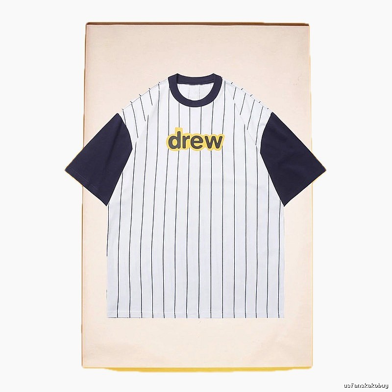 DREW Letter Print Street Style White and Navy Blue Short Sleeve T-Shirt
