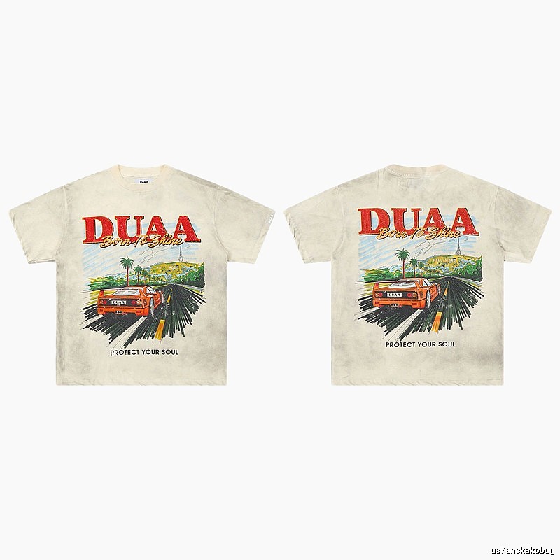 DUAA Sports Car Print American Retro Off-white Short Sleeve T-Shirt