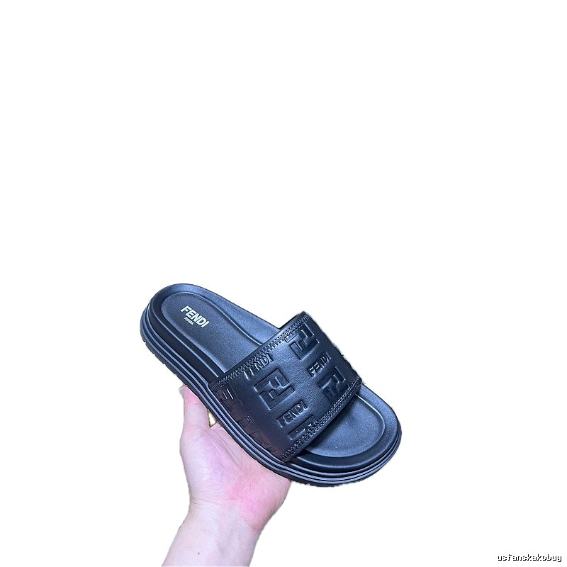 Fendi Double F Embossed Light Luxury Style Black Slide Sandals