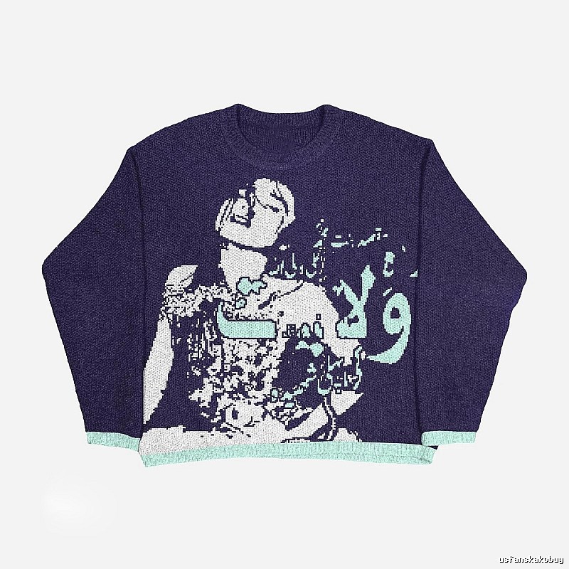 Gift Ready Anime graphic sweater Black Knit Top with Standout Detail