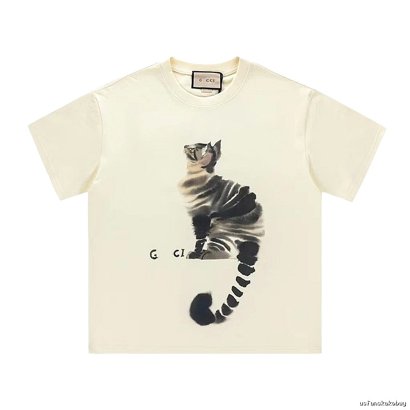 Gucci Cat Print Casual Off-White Short-Sleeve T-Shirt