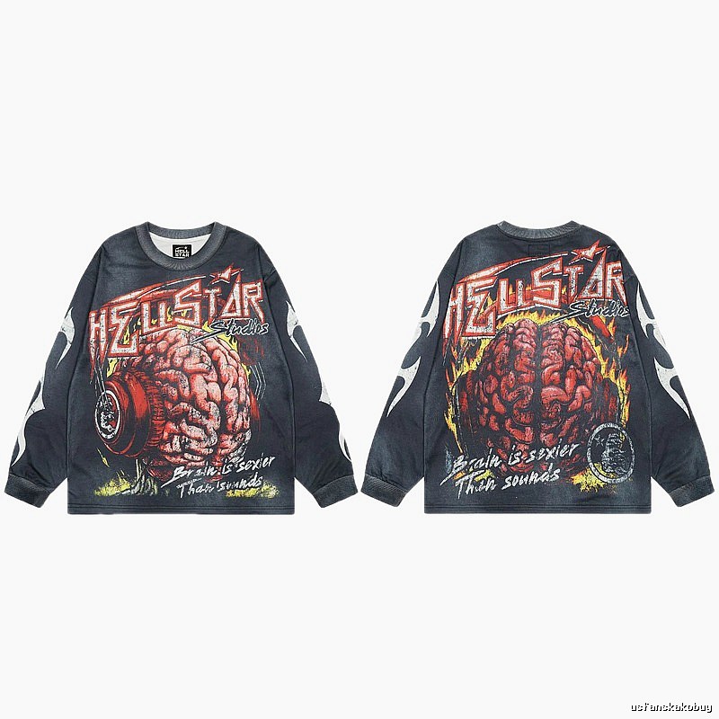 Hellstar Brain Print Street Style Charcoal Black Long-Sleeve T-Shirt