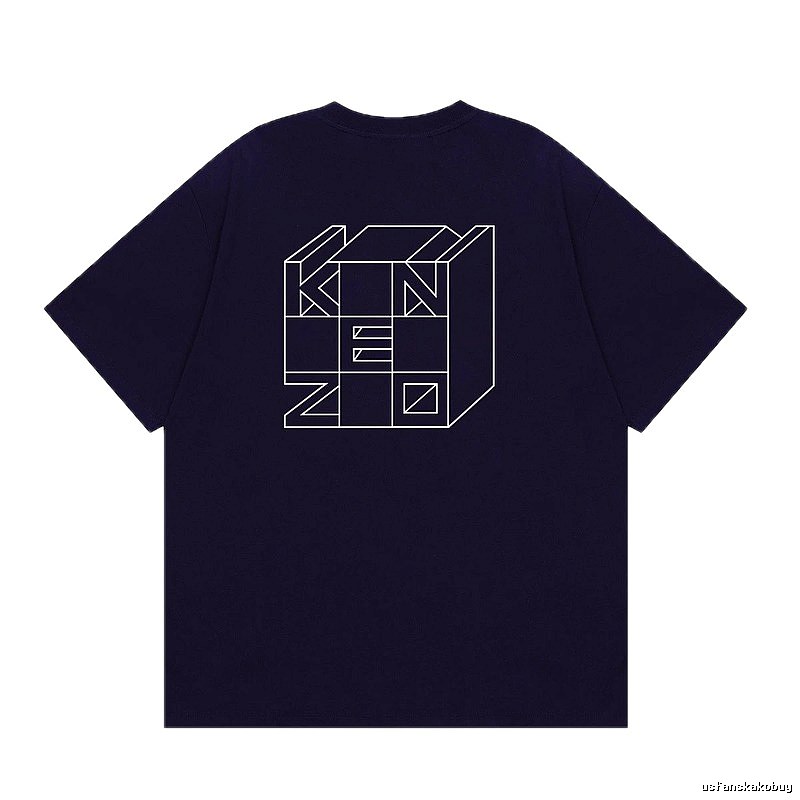KENZO Geometric Lines Trendy Style Navy Blue T-Shirt
