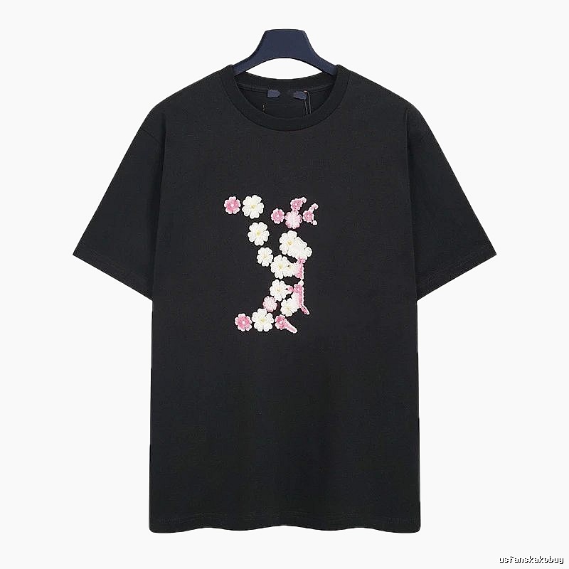 Louis Vuitton Floral Embroidered Casual Black Short-sleeved T-shirt