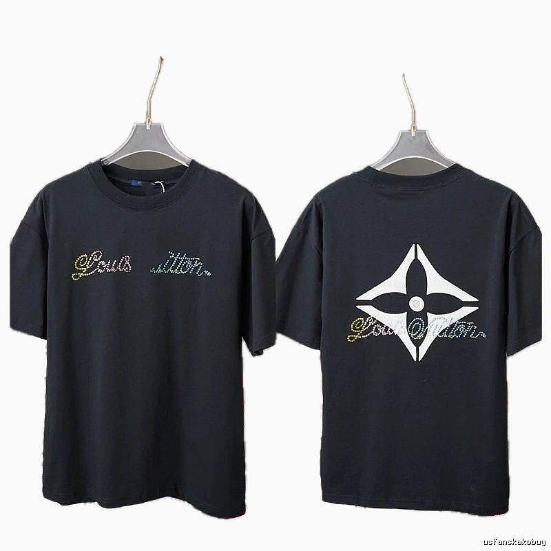 Louis Vuitton Trendy Style Black T-shirt with Hot-fix Rhinestones