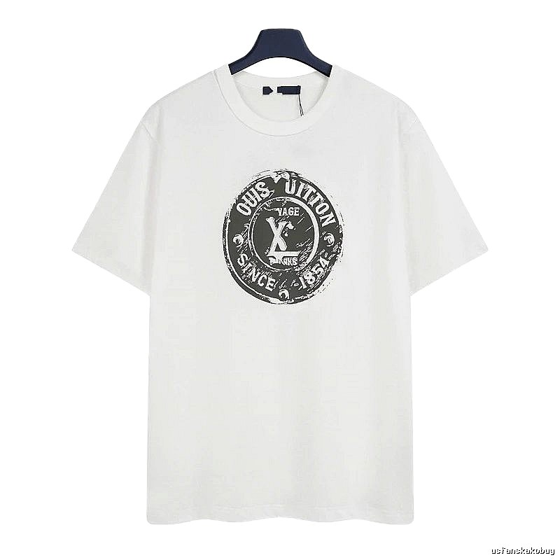 Louis Vuitton Vintage-style Distressed Stamp Print White T-Shirt