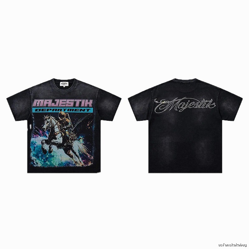 MAJESTIK Space Print Vintage Distressed Black T-Shirt