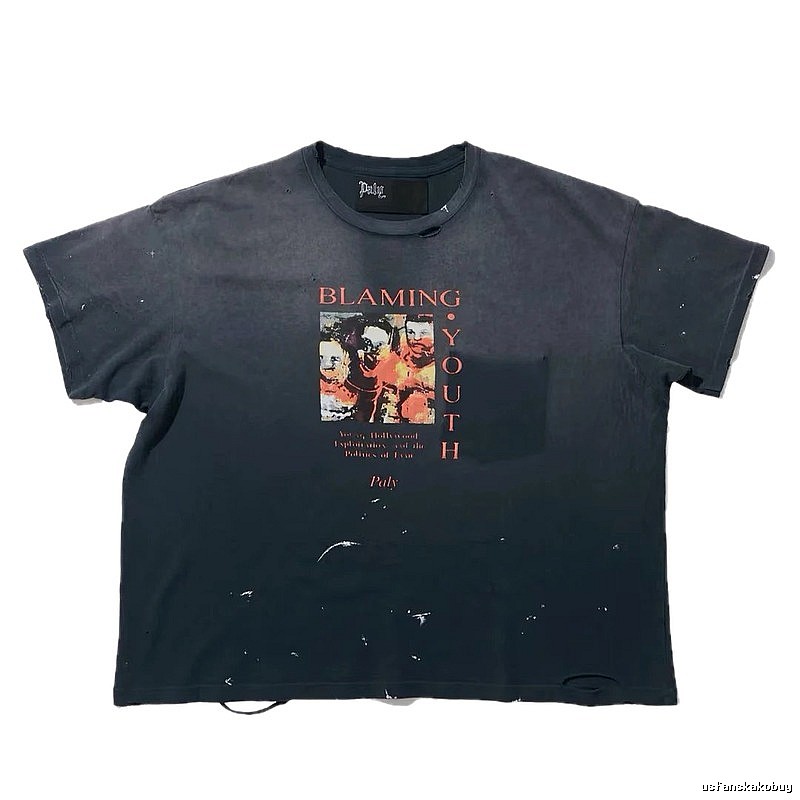 Paly Hollywood Distressed Print Vintage Charcoal Black T-Shirt