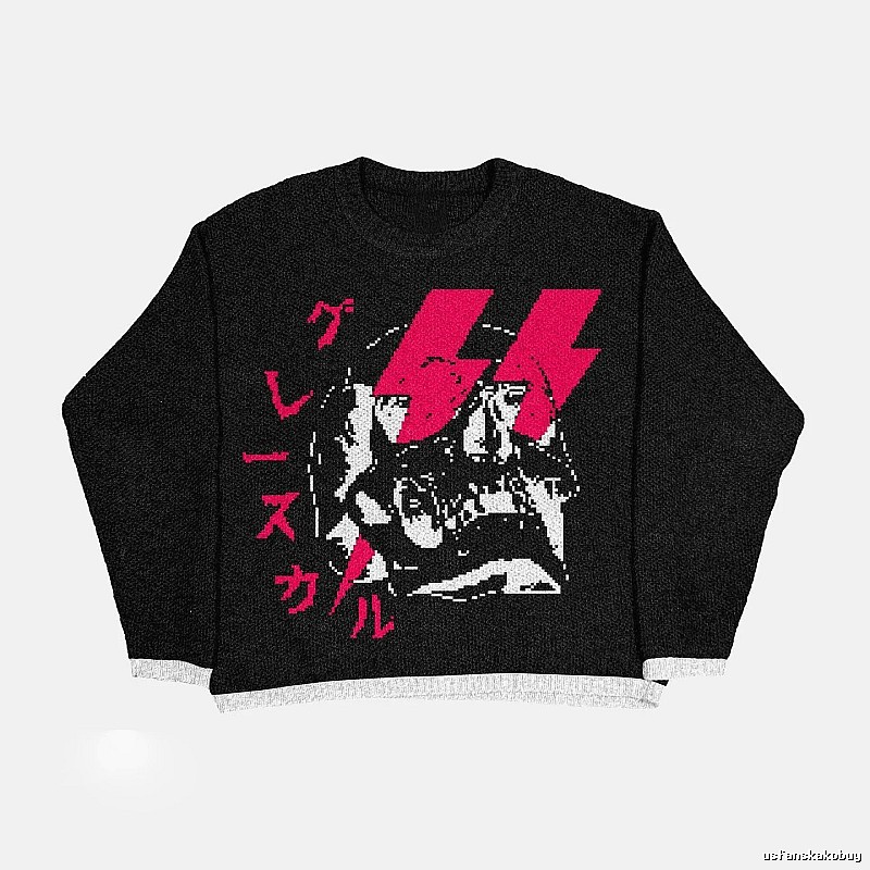 Relaxed Anime graphic sweater Black Knit Top with Designer-Inspired Detail