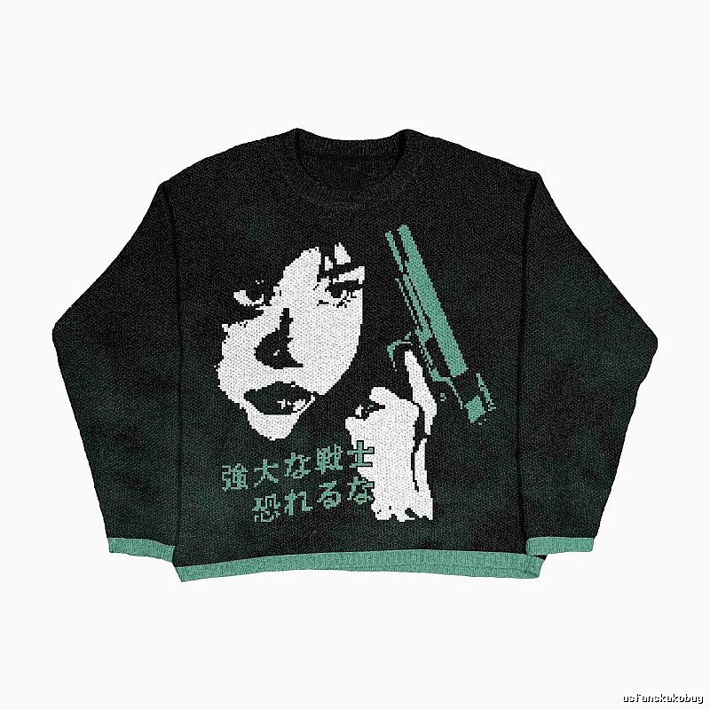 Resort Anime graphic sweater Black Knit Top for Travel Looks
