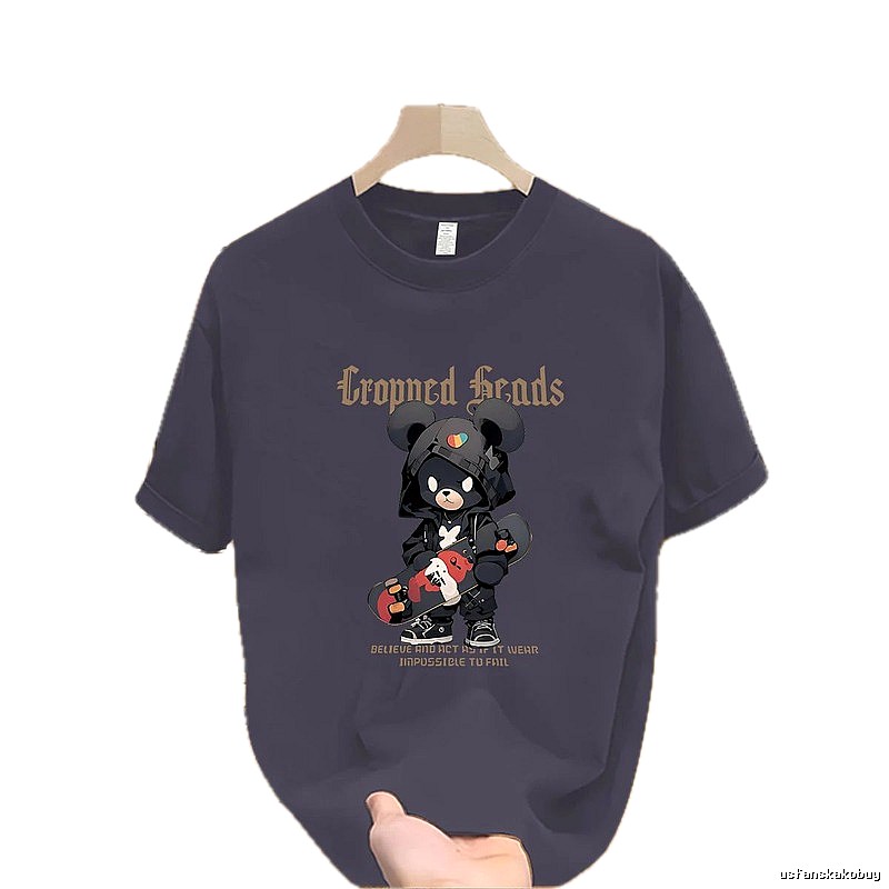 Streetwear Brand Skateboard Bear Street Style Dark Grey Printed T-Shirt
