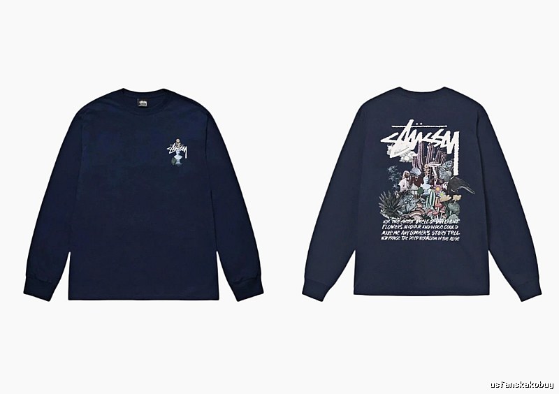 Stussy printed trendy style navy long-sleeve
